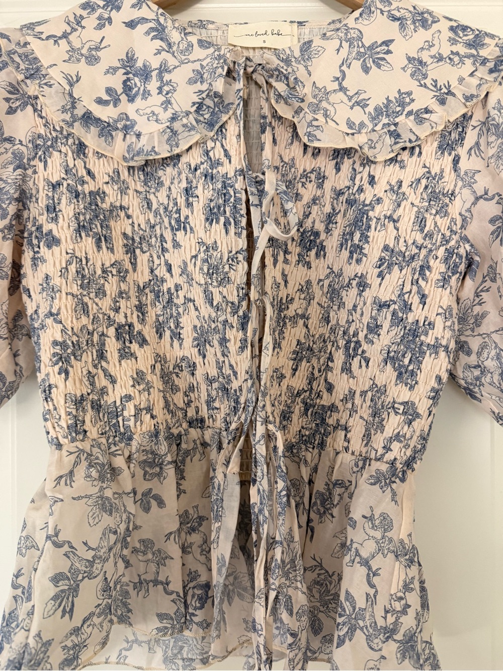 Smocked Floral Tie-Front Blouse in Cream and Blue - Picture 2 of 4
